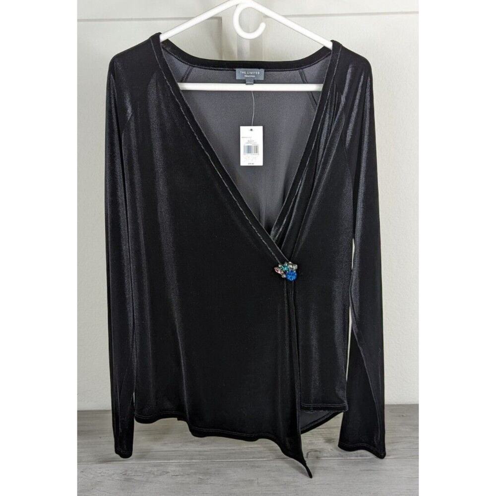 NWT The Limited Collection Black Velvet Asymmetrical VNeck Gem Pin Top sz L